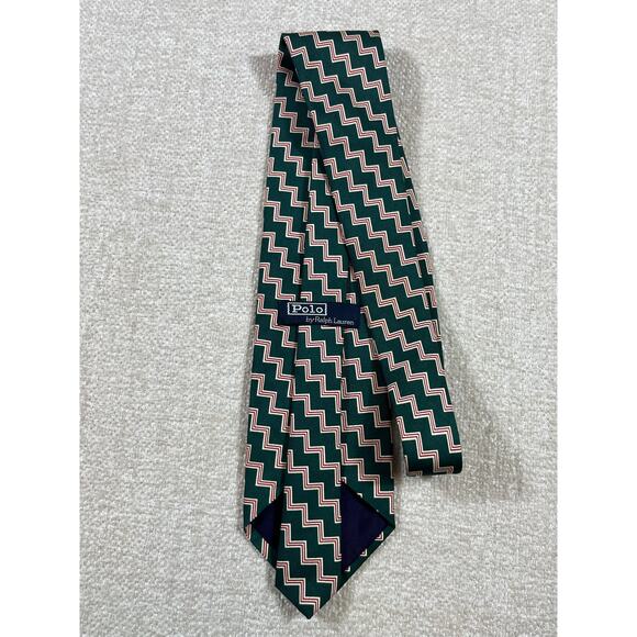 Polo Ralph Lauren Men Red Green Zigzag 100% Silk Necktie 59" × 3.75" Designer - Picture 2 of 8